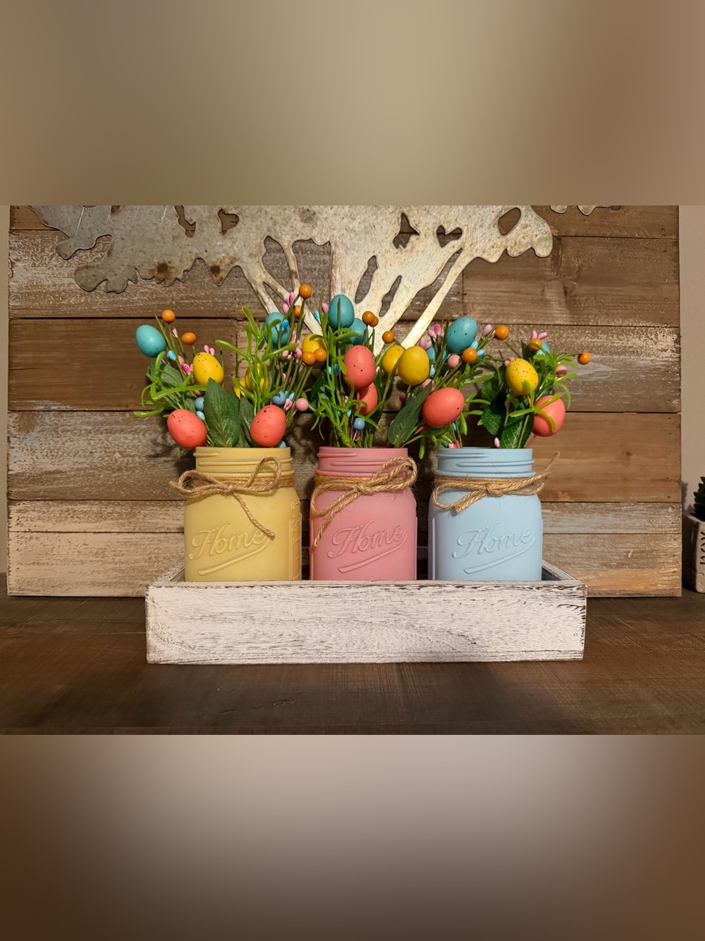 Mason Jar Centerpiece Trio - Farmhouse Spring Decor in Wooden Tray